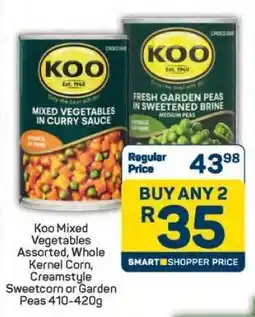 Pick n Pay Koo Mixed Vegetables Assorted, Whole Kernel Corn, Creamstyle Sweetcorn or Garden Peas 410-420g offer
