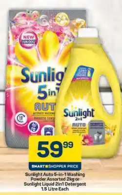 Pick n Pay Sunlight Auto 5-in-1 Washing Powder Assorted 2kg or Sunlight Liquid 2in1 Detergent 1.5 Litre Each offer