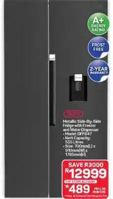Pick n Pay Hypermarket Defy Metallic Side-by-Side Fridge with Freezer and Water Dispenser offer