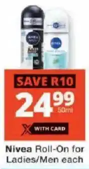 Checkers Nivea Roll-On for Ladies/ Men offer