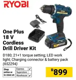Builders Warehouse Ryobi One Plus 18 V Cordless Drill Driver Kit offer