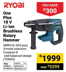 Builders Warehouse Ryobi One Plus 18 V Li-ion Brushless Rotary Hammer offer
