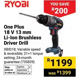 Builders Warehouse Ryobi One Plus 18V Li-Ion Brushless Driver Drill offer