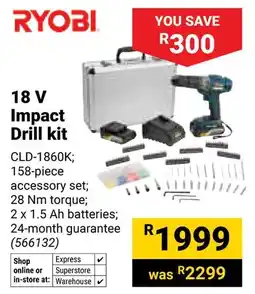 Builders Warehouse Ryobi 18 V Impact Drill kit offer