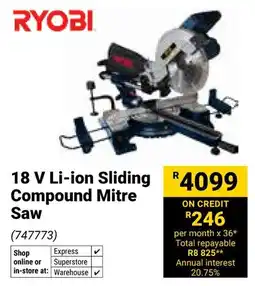 Builders Warehouse Ryobi 18 V Li-ion Sliding Compound Mitre Saw offer