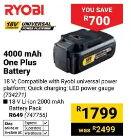 Builders Warehouse Ryobi 4000 mAh One Plus Battery offer