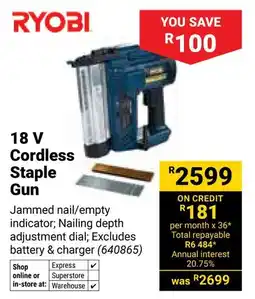 Builders Warehouse Ryobi 18 V Cordless Staple Gun offer