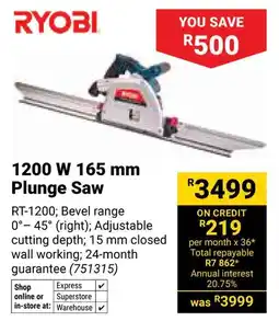 Builders Warehouse Ryobi 1200 W Plunge Saw offer