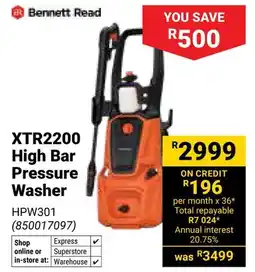 Builders Warehouse Bennett Read XTR2200 High Bar Pressure Washer offer