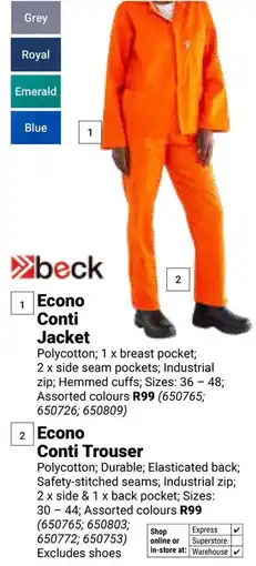 Builders Warehouse Beck Econo Conti Jacket OR Econo Conti Trouser offer