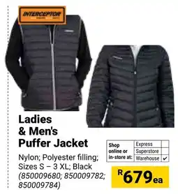 Builders Warehouse Interceptor Ladies & Men's Puffer Jacket offer