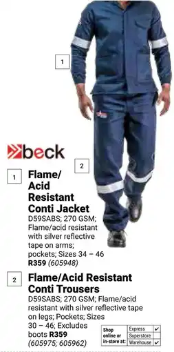 Builders Warehouse Beck Flame/ Acid Resistant Conti Jacket OR Flame/ Acid Resistant Conti Trousers offer