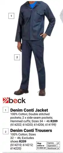 Builders Warehouse Beck Denim Conti Jacket OR Denim Conti Trousers offer