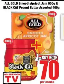 Boxer ALL GOLD Smooth Apricot Jam 900g & BLACK CAT Peanut Butter Assorted 400g offer