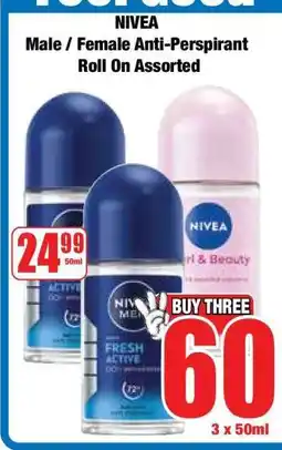 Boxer NIVEA Male / Female Anti-Perspirant Roll On Assorted offer