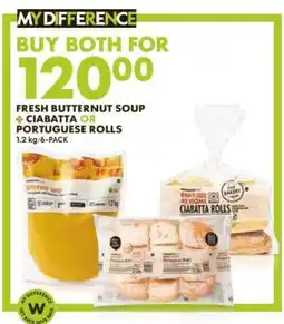 Woolworths Fresh Butternut Soup + Ciabatta or Portuguese Rolls offer
