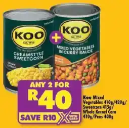 Shoprite Koo Mixed Vegetables/ Sweetcorn/ Whole Kernel Corn/ Peas offer