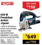 Builders Warehouse Ryobi 650W Pendulum Action Jigsaw J-650V offer