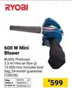 Builders Warehouse Ryobi 600W Mini Blower BL600 offer