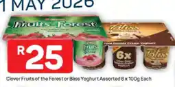 Pick n Pay Clover Fruits of the Forest or Bliss Yoghurt Assorted 6 x 100g Each offer