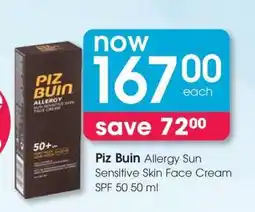 Clicks Piz Buin Allergy Sun Sensitive Skin Face Cream SPF 50 50 ml offer