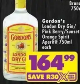 Shoprite Gordon's London Dry Gin/ Pink Berry/ Sunset Orange Spirit Aperitif offer