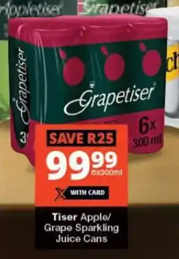 Checkers Liquor Shop Tiser Apple/ Grape Sparkling Juice Cans offer