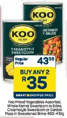 Pick n Pay Hypermarket Koo Mixed Vegetables Assorted, Whole Kernel Sweetcorn in Brine, Creamstyle Sweetcorn or Garden Peas in Sweetened Brine offer