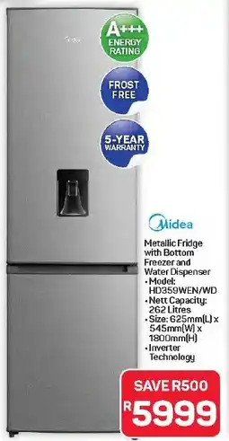 Pick n Pay Hypermarket Midea Metallic Fridge with Bottom Freezer and Water Dispenser offer