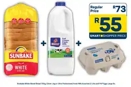 Pick n Pay Sunbake White Sliced Bread, Clover Jug or Ultra Pasteurised Fresh Milk Assorted and PnP Eggs Large offer