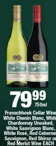 OK Liquor Franschhoek Cellar Wine White Chenin Blanc, White Chardonnay Unoaked, Red Caberne Sauvignon, Red Shiraz on Red Merlot Wine offer