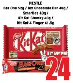 Boxer Nestlé Bar One/ Tex Chocolate Bar/ Smarties/ Kit Kat Chunky/ Kit Kat 4 Finger offer