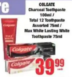 Boxer Colgate Charcoal Toothpaste/ Total 12 Toothpaste Assorted/ Max White Lasting White Toothpaste offer