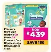 Game Pampers Ultra Skin Nappies OR Pants OR Premium Care Nappies Mega Box Assorted Sizes offer
