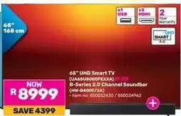 Game 65 UHD Smart TV (UA65BU8000FXXA) PLUS B-Series 2.0 Channel Soundbar (HW-B400F/XA) offer