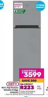 Game DEFY 157 L Top Freezer Metallic Fridge (DAD239) offer