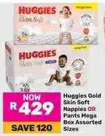 Game Huggies Gold Skin Soft Nappies OR Pants Mega Box Assorted Sizes offer