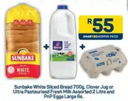 Pick n Pay Sunbake White Sliced Bread, Clover Jug or Ultra Pasteurised Fresh Milk Assorted and PnP Eggs Large offer