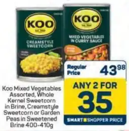 Pick n Pay Koo Mixed Vegetables Assorted, Whole Kernel Sweetcorn in Brine, Creamstyle Sweetcorn or Garden Peas in Sweetened Brine offer