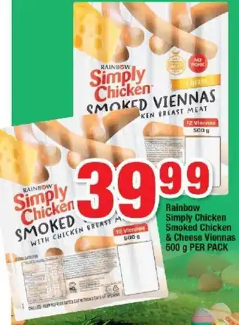 OK Foods Rainbow Simply Chicken Smoked Chicken & Cheese Viennas 500g Per Pack offer