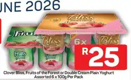 Pick n Pay Clover Bliss, Fruits of the Forest or Double Cream Plain Yoghurt Assorted 6 x 100g Per Pack offer