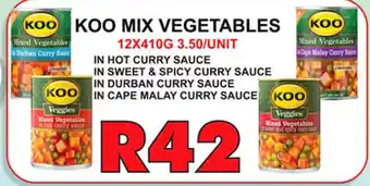 1UP Koo Mix Vegetables In Hot Curry Sauce,Sweet & Spicy Curry Sauce,Durban Curry Sauce,Cape Malay Curry Sauce (12x410G 3.50/Unit) offer