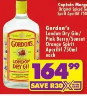Shoprite Gordon's London Dry Gin/ Pink Berry/ Sunset Orange Spirit Aperitif offer
