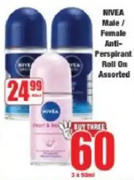 Boxer Nivea Male/ Female Anti-Perspirant Roll On Assorted offer