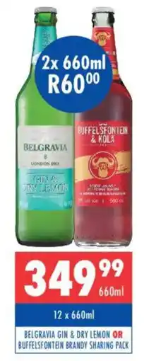Ultra Liquors Belgravia gin & dry lemon or buffelsfontein brandy sharing pack offer