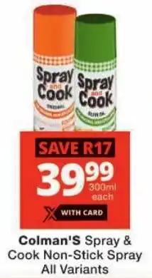 Checkers Colman'S Spray & Cook Non-Stick Spray All Variants offer