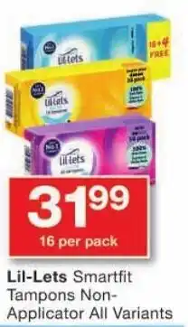 Checkers Lil-Lets Smartfit Tampons Non-Applicator All Variants offer