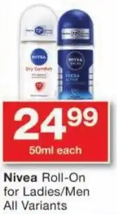 Checkers Nivea Roll-On for Ladies/ Men All Variants offer