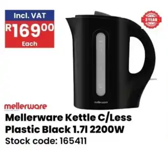 Mellerware Kettle C/Less Plastic Black 2200W