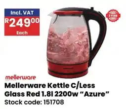 Africa Cash and Carry Mellerware Kettle C/Less Glass Red 2200w Azure offer